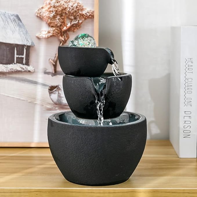 Ceramic Tabletop Fountain with Ball for Indoor Table Desk Office and Home Decoration (Black)