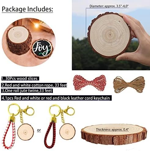 SENMUT Wood Slices 30 Pcs 3.5-4.0 inch Natural Rounds Unfinished Wooden Circles Christmas Wood Ornaments for Crafts Wood Kit Predrilled with Hole Wood Coasters, Craft Supplies for DIY and Painting