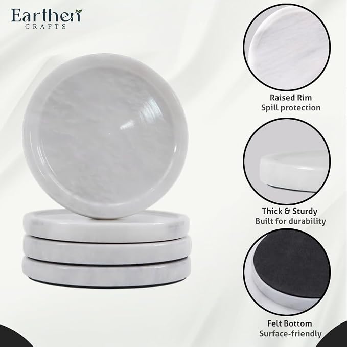Marble Coasters Set of 4 for Drinks Countertop 4 Inches Round White Stone Drink Coaster for Kitchen Counter, Ideal for Home Decor House Warming Gifts
