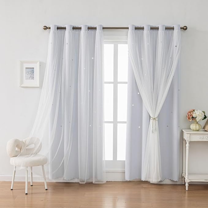FANLI Ombre Rainbow Blackout Curtains for Kid Girls Bedroom Living Room Darking Stripe Double Layer Star Cut Out Wall Home Decor Gradient Grommet Window Curtains (Greywish White 72)