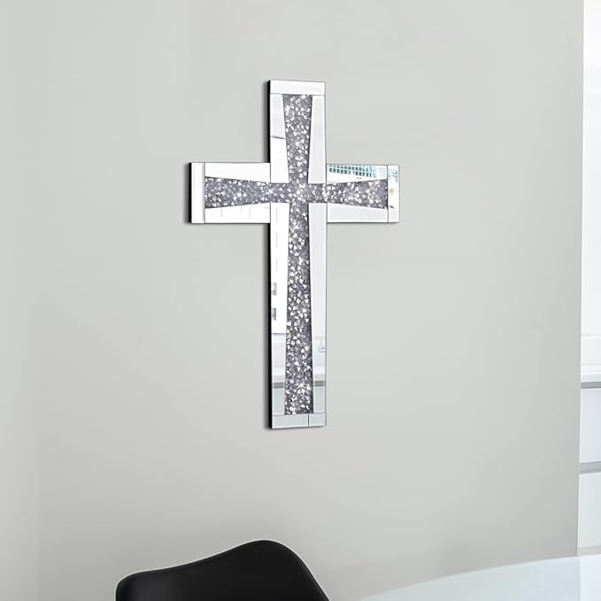 Aeveco Silver Cross Mirror for Wall Decoration 20×13 Inch, Crystal Crush Diamond Mirrored Cross for Living Room, Bedroom, Home Décor