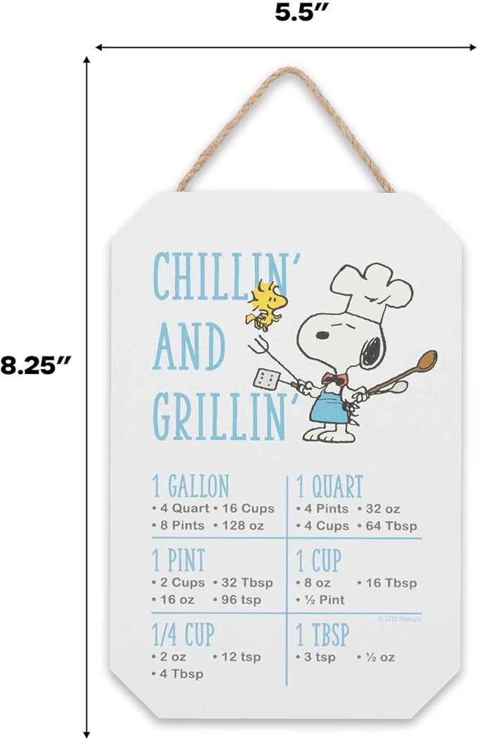 Peanuts Snoopy Chillin' and Grillin' Conversion Chart Hanging Wood Wall Decor - Fun Kitchen Measuring Sign