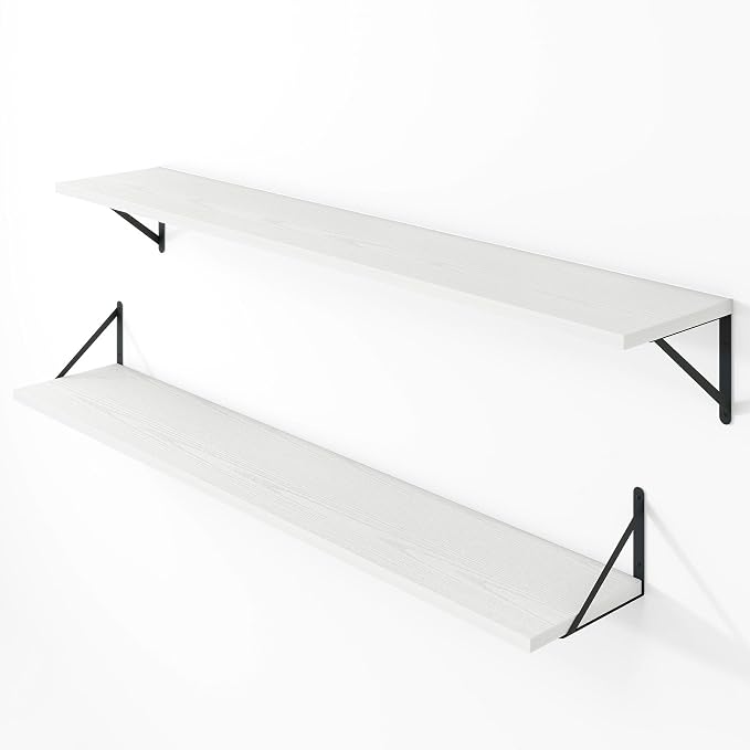 Vivelove White Deep Floating Shelves for Wall, 48W x 8D Wood Wall Shelves Set of 2, Wide Floating Bookshelf for Living Room, Kitchen, Office, Bedroom and Decor Storage, with Black Bracket - White
