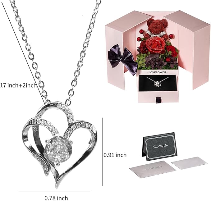 JoyFlower Preserved Flowers Bear with Necklace Gifts for Girlfriend, Unique Pearl Rose Bear Necklace Birthday Gifts for Mom, Red Eternal Roses Mother's Valentine's Day for Wife Her