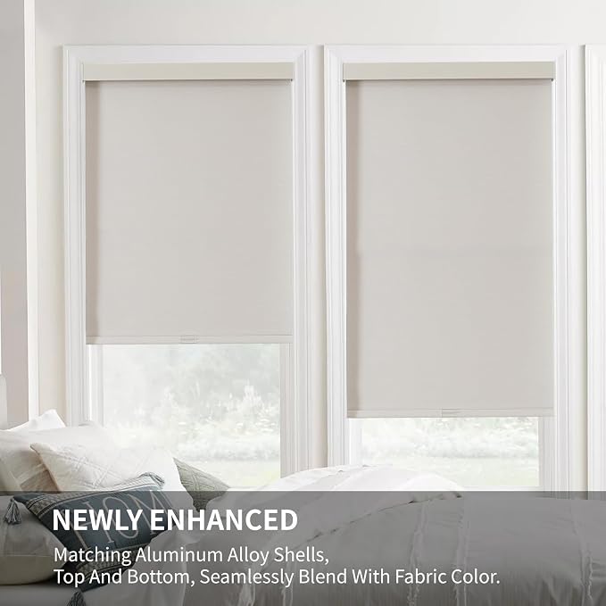 Joydeco 100% Blackout Roller Shades (Pro), Free-Stop Cordless Blinds for Windows, UV Protection, Natural Woven Blinds for Home and Office, Light-Proof Aluminum Cover (35" W x 75" H, Beige)