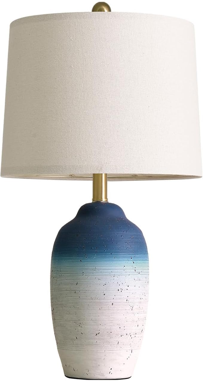 USumkky 24.5" Vintage Ceramic Table Lamp with 5FT Cord - Single Farmhouse Rustic Bedside Lamp with Natural Textured Finish, Nightstand Lamps for Living Room, Bedroom, End Table, Office White and Blue