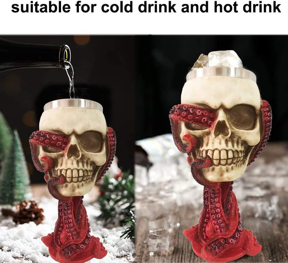 Skull Goblet Chalice Wine Cups Medieval Chalice Skull Cup Stainless Steel 3D Whisky Shot Glasses Realistic Resin Octopus Tentacle Beverage Halloween Drinking Cup Novelty