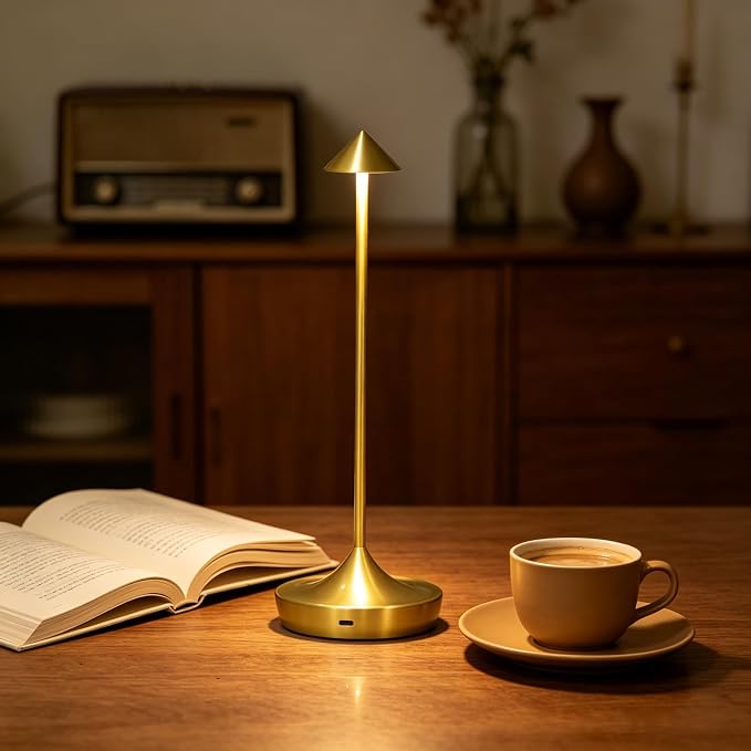 Rechargeable Cordless Table Lamp, Battery Operated LED Lamps | 3-Color Stepless Dimmable, Portable IP54 Waterproof Outdoor Lamps for Patio Dining Bar Home Office ( 1-Pack Glossy Gold)