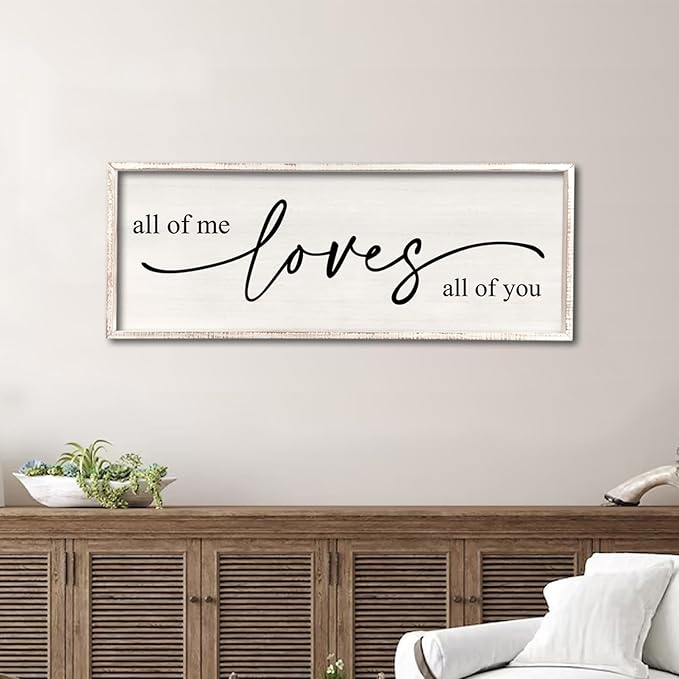 All Of Me Loves All Of You Wall Decor 40''×15'' Large Vintage Framed Wooden Plaque Modern Master Bedroom Above Over Bed sign Farmhouse Plaque Art Home Love Quotes Wall Hanging Decor (White)