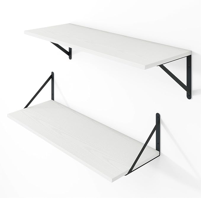 Vivelove White Deep Floating Shelves for Wall, 24W x 8D Wood Wall Shelves Set of 2, Wide Floating Bookshelf for Living Room, Kitchen, Office, Bedroom and Decor Storage, with Black Bracket - White