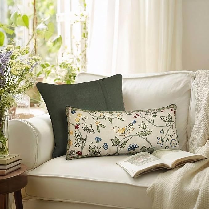 bilin gaier Designer Linen Throw Pillow Covers,18"x18" Set of 2-Idaho A | Vintage Elegant Square Pillow Cover,Concealed Zipper,Floral and Bird Pattern,Sofas,Bedroom,Living Room,Lounge Chairs