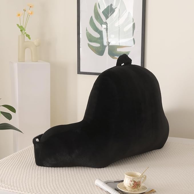 Soft Reading Pillow for Bed with Arms,Middle,Black,Faux Fur | 17" Backrest for Gaming & Lounging,Oeko-TEX Certified Plush Back Pillow for Teens Room