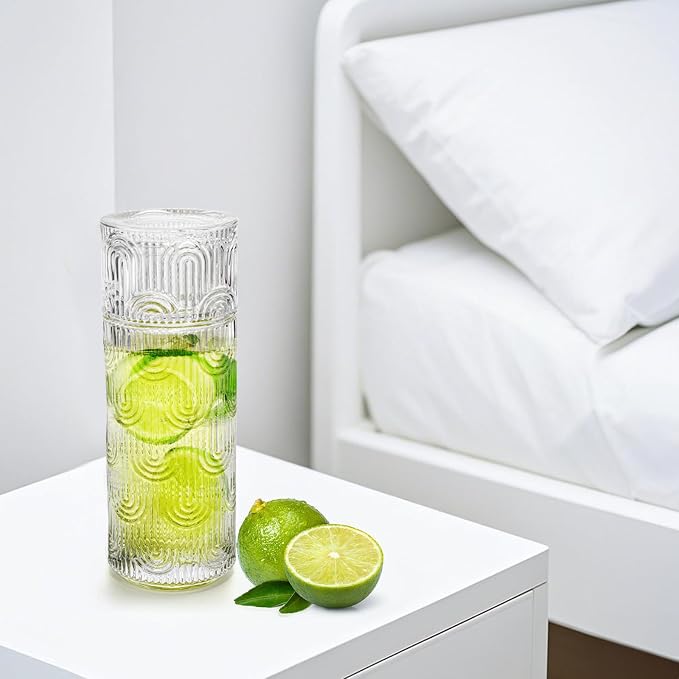 Coloch 4Pcs Bedside Glass Carafe Set With Tumbler, 21 Oz Glass Water Pitcher with 6 Oz Cup as Lid Vintage Mouthwash Dispenser Nightstand Carafe and Cup for Midnight Drink Set, for Bedroom, Bathroom