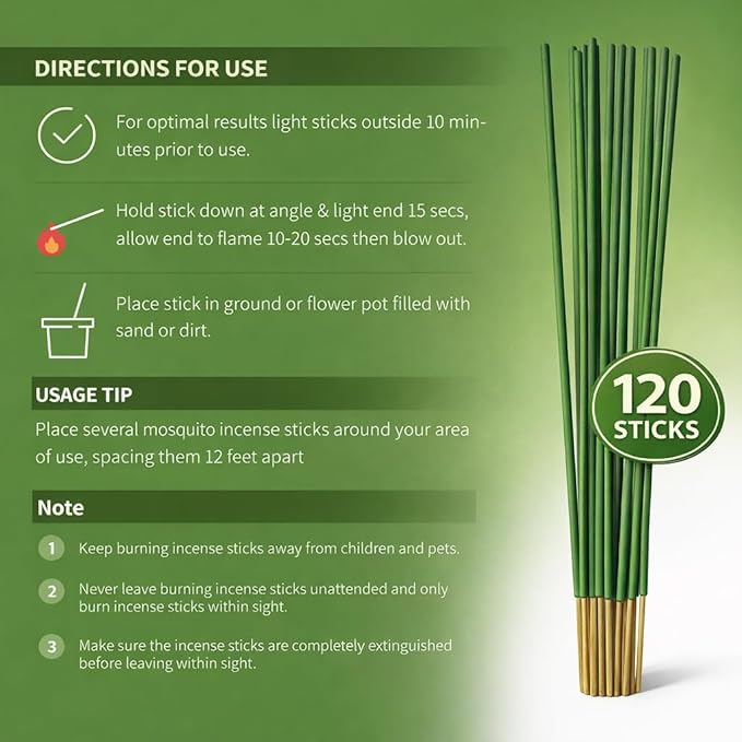 Mosquito Repellent Outdoor Patio, 120 PCS Citronella Incense Sticks Outdoor, Natural Citronella Mosquito Repellent, DEET-Free Citronella Incense for Yard, Backyard, Camping, Flying Insect Control
