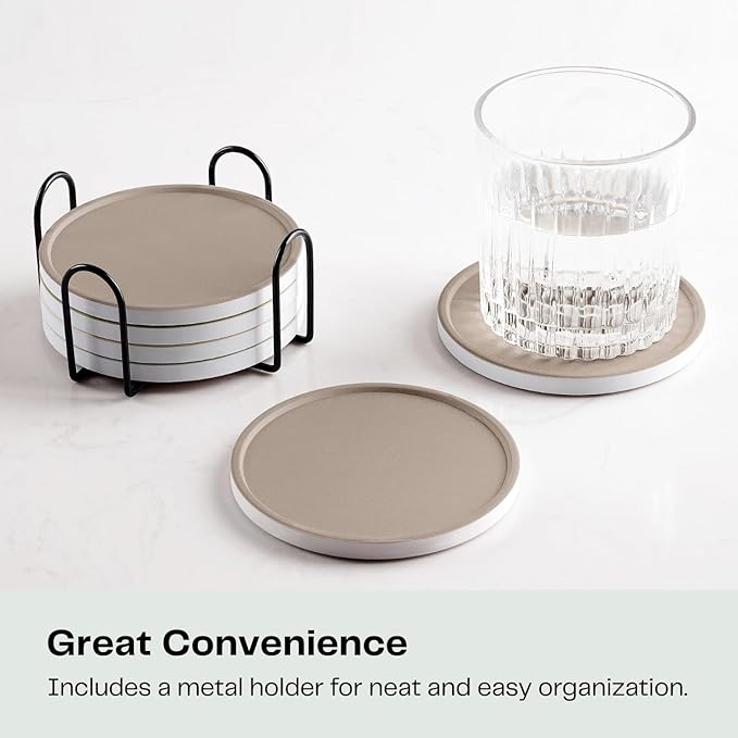 Set of 6 Taupe Coasters with Holder, Absorbent Ceramic Drink Coasters with Cork Backing for Table Protection, Table Decor, Housewarming Gifts
