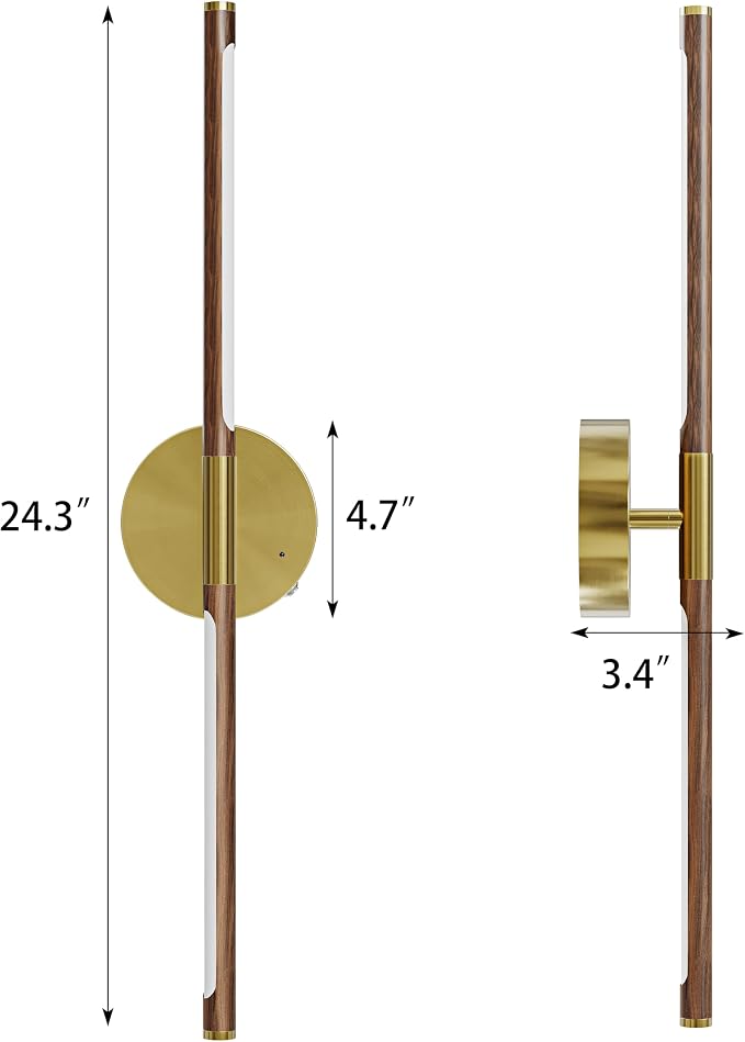 24 Inch Battery Operated Wall Sconce Set of 2-8000mAh, Rechargeable, Dimmable, 3000K-6000K, Remote, Touch Control, Timer, 350° Rotate, LED Wall Lamps for Living Room, Bedroom, Walnut Gold