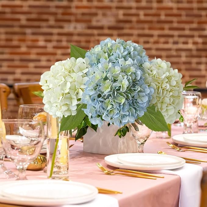 JINWOE White Flowers Hydrangea Artificial Flowers, 4Pcs 20" Real Touch Lifelike Faux Silk Flowers, Full Fake Artificial Hydrangeas with Stems for Bouquet Table Centerpieces Spring Home Decoration