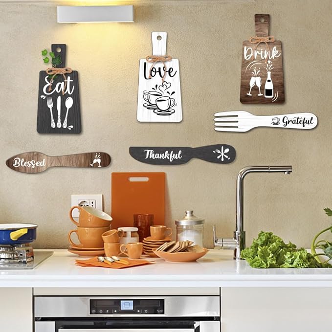 PH PandaHall 6pcs Kitchen Wall Decor Start Drink Sign Set Wood Pendant Accessories Mini Wood Plaque Fork and Spoon Shape Decorations Rustic Style Home Dector Black Brown White 11x5.5 inch/11.8x2 inch