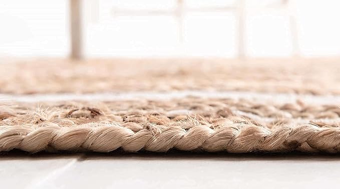100% Jute Area Rug Approx 6 Feet - Braided Design Hand Woven Natural White Rings Carpet - Home Decor for Living Room Hallways - Round Natural Fibers