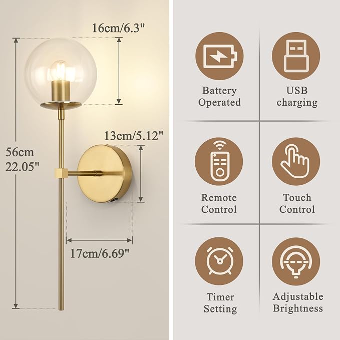 Battery Operated wall Sconce Set of 2 Glass Globe 3000~6000K Rechargeable Wall Light Fixture Wireless Wall Lights with Clear Glass Shade for Living Room, Hallway, Bedroom(2 Pack)