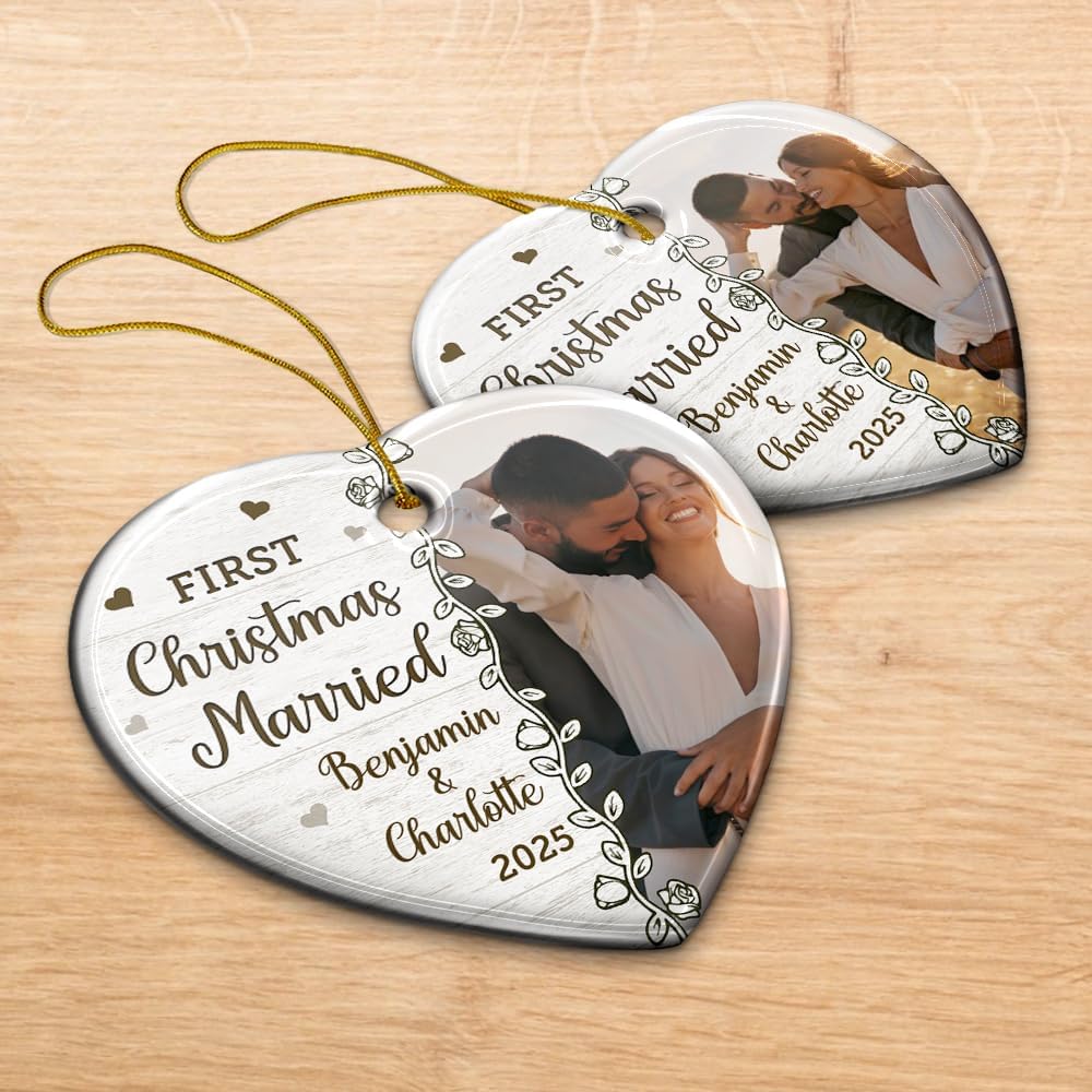 Personalized Heart Ceramic Ornament - Holiday Keepsake for Couples, Newlyweds, Home Tree Decoration for Winter - Custom Photo First Christmas Married