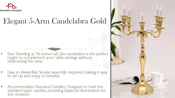 Metal Candelabra Five Arm Decorative Candlestick Holder for Weddings, Events, Dining Table Centerpiece Decoration, Halloween, Thanksgiving, Christmas, New Year & Everyday Use - 16 Inch Tall - Gold
