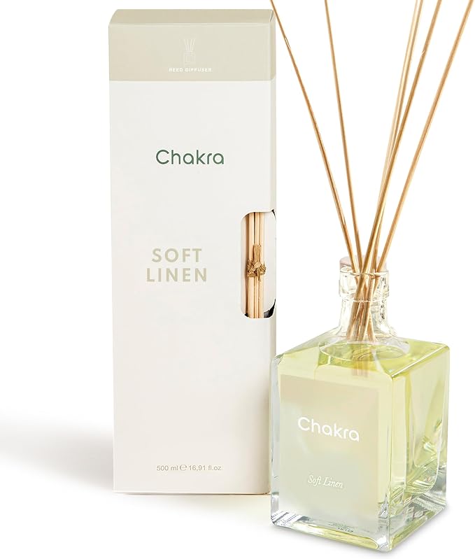 Chakra Reed Diffuser Set - Reed Diffusers for Home, Office and Living Spaces with Long-Lasting Fragrance, Scent Diffuser with Decorative Glass Bottle & Bamboo Sticks, 17 fl oz, Soft Linen