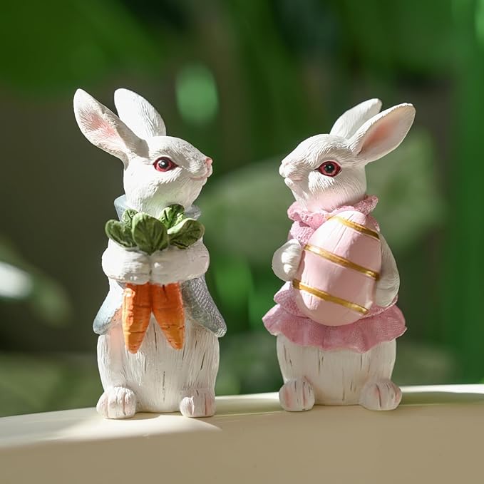 Easter Decorations for Home - 2pcs Resin White Easter Bunny - Small Bunny Statues Figurines Decor for Indoor Table Centerpieces Decorations Tiered Tray,Tabletop - Spring Decor Rabbit 4.33 inch Tall