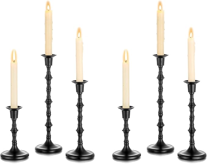 NUPTIO Candle Stick Holders for Centerpeice: Set of 6 Matte Black Taper Candlestick Holders - Bulk Antique Tall Candleholder for Easter Shabbat Table Fireplace Decor