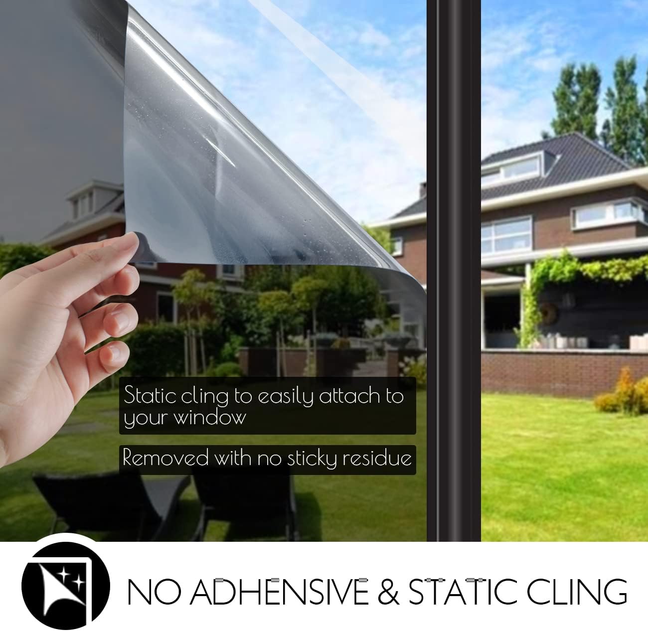 HIDBEA One Way Privacy Window Film, Daytime Mirror Reflective Heat Control UV Sun Blocking Non-Adhesive Static Cling Window Tint for Home and Office(Black-Silver, 41.3 Inch x 19.6 Feet)