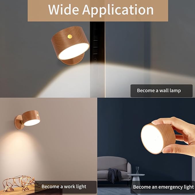 LANDGOO Wood Wall Sconce, Sapele Wood Magnetic 360° Rotatable Cordless Bedside Lamp Set, Rechargeable & Dimmable LED Lights with Touch Control, Wireless Wall Mount for Bedroom