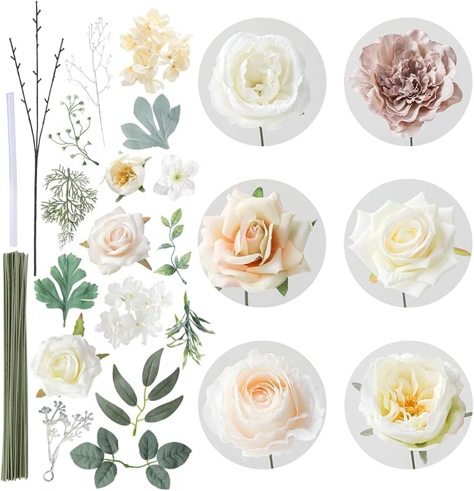 Floweroyal Artificial Flowers Combo White Flowers Mix Silk Flowers Dahlia Roses with Stems for DIY Wedding Bridal Bouquets, Baby Shower, Floral Arrangement, Table Centerpieces, Home Decorations.