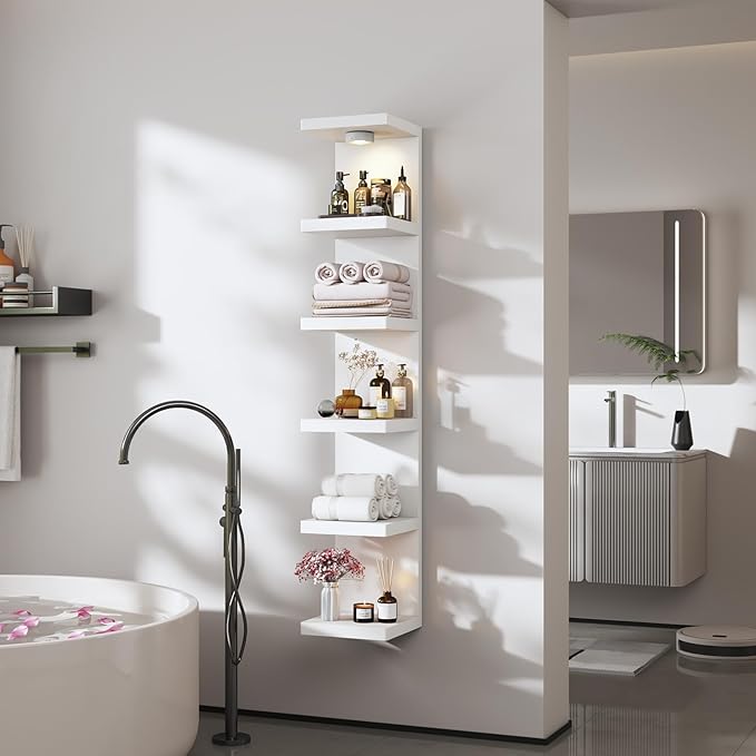 2 Pack 6-Tier Versatile Wall Shelf Unit with USB Rechargeable Led Light (Remote Controlled),Vertical Floating Display Shelves,Lack Style Wall Shelves for Bedroom, Decor,Vanity-White