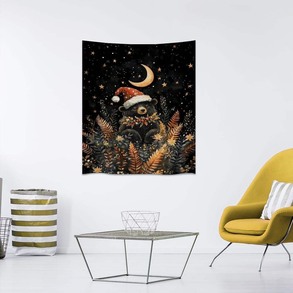 Whimsical Christmas Tapestry Moon Stars Dark Aesthetic Wall Hanging Decor Cute Bear Tapestries for Kids Room Decoration Funny Christmas wall art for Bedroom Dorm Living Room 30x40inch