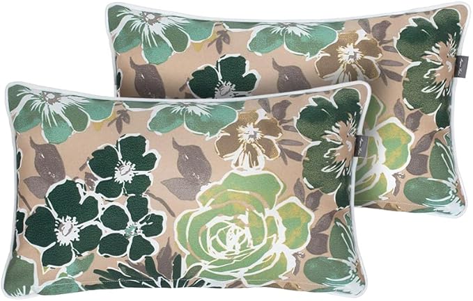 Magpie Fabrics Set of 2 Lumbar Throw Pillow with Insert 12x20 Inch, Outdoor Rectangular Waterproof Home Decorative Toss Cushion for Patio Garden Car Office - Green Floral