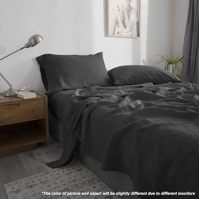 100% French Linen Pillowcases with Embroidery - Pack of 2 - Washed Solid Color Natural Flax Soft Breathable - Dark Grey, 20'' x 40''