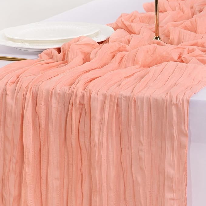Socomi 3pcs Coral Peach Easter Spring Cheesecloth Table Runner Boho Rustic Gauze 120 inch 10FT Cheese Cloth Runner for Wedding Party Baby Shower Birthday Home Decor Holiday Decorations