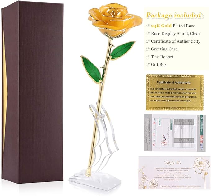 Ejoyous Gold Plated Rose, 24K Gold Dipped Real Rose Flower Lover Mom Wife Daughter Girl Friend, Present on Mother's Day, Wedding Anniversary, Birthday, Proposal, Reward (Yellow