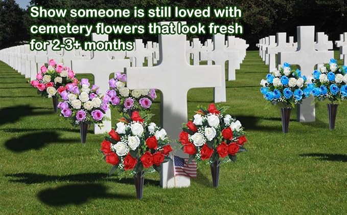 Lodou Set of 2 Artificial Cemetery Flowers, Memorial Flowers Bouquet,Grave Memorial Flowers with Vase for Cemetery Headstones Decoration (Pink White)
