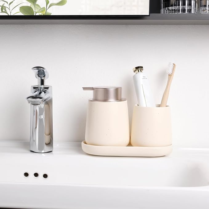 BosilunLife Ceramic Bathroom Accessories Set 3 Pcs, Liquid Soap Dispenser and Toothbrush Holder with Tray, Modern Farmhouse Vanity Decor, Apricot Housewarming Gift
