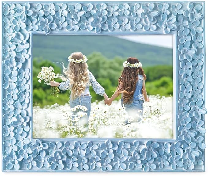 Isaac Jacobs 5x7 Blue Flower Textured Hand-Crafted Resin Picture Frame w/Easel & Hook for Tabletop & Wall Display, Decorative Floral Design Home Décor, Photo Gallery, Art (5x7, Blue) (Pack of 2)
