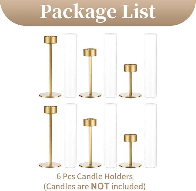Sziqiqi Hurricane Candle Holders for Wedding: 6 Pcs Gold Candlestick Holders Table Centerpiece - Taper Candle Sticks Holder for Christmas Party