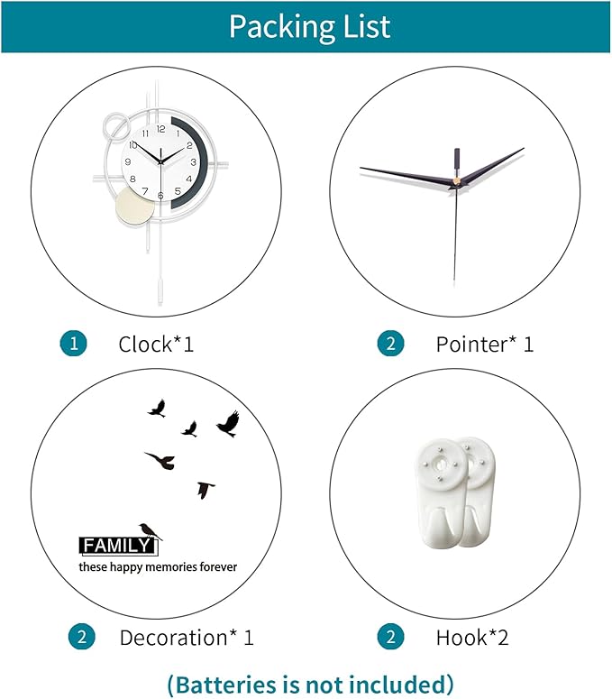 Decorative Wall Clock Silent Battery Operated Large Modern Wall Clock for Living Room Decor White Pendulum Clock for Bedroom, Office, Kitchen, Dining Room, Farmhouse, Indoor