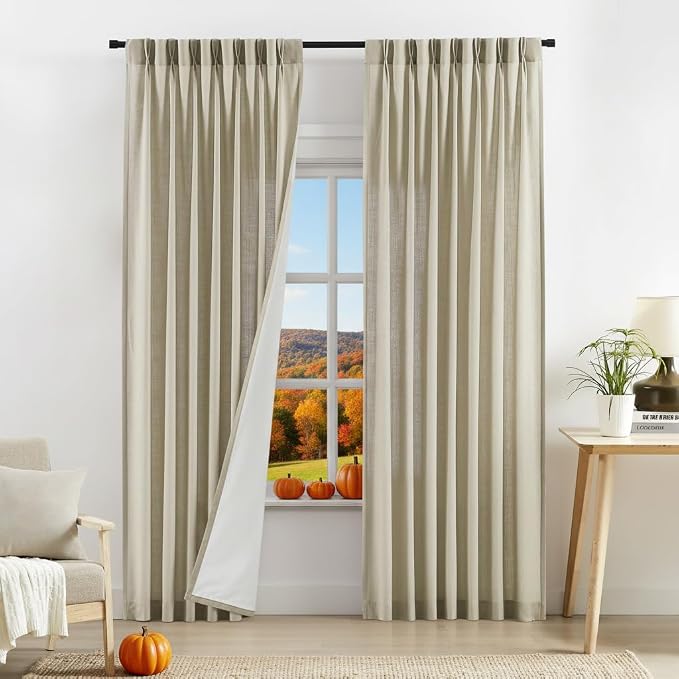 Central Park Sand Pinch Pleated Light Filtering Curtain Panel 84 Inch Long Linen Blended with Microfiber Liner Rustic Textured Window Drapes for Living Room Bedroom with Back Tabs Hooks, 40"L x84"W x2