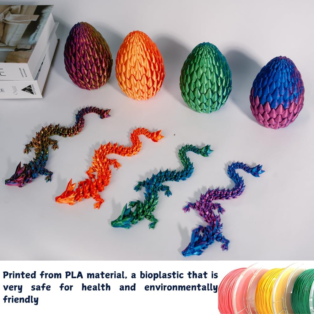 POIVOCF3D Printed 12” Articulated Crystal Dragon Inside 5.1” Egg – Fantasy Collectible, Fidget Toy & Stocking Easter Basket Stuffers for Home & Office Decor (Laser Blue)
