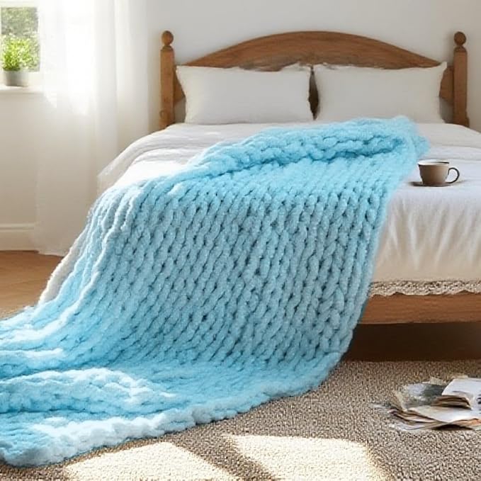 Handmade Chunky Knit Blanket, Cosy Chenille Throw (Blue, Throw (50" x 60"))