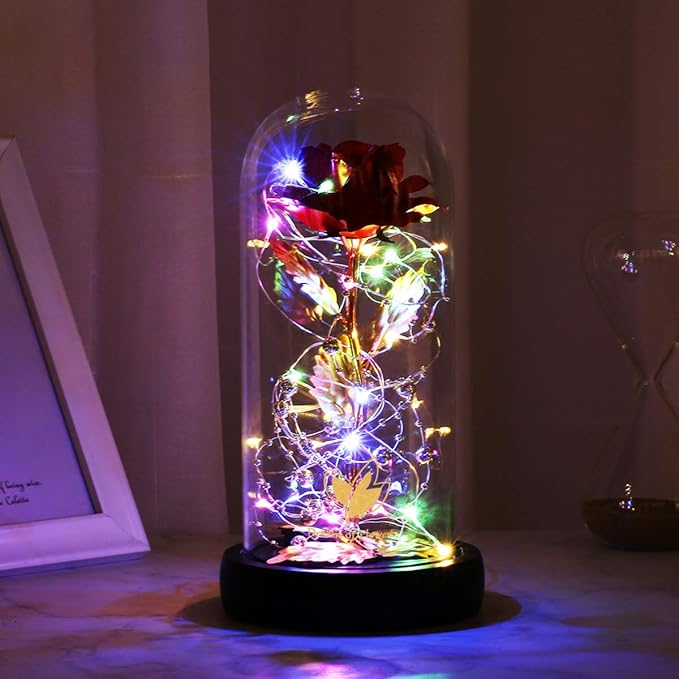 Valentines Day Gifts for her, Beauty and The Beast Rose, Birthday Gifts for Women, Glass Dome Glowing Rose, Eternal Rose Blessing Valentine Flowers Gift for Mother Wife, or Girlfriend
