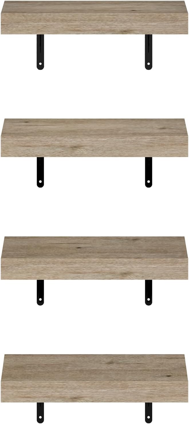 Furinno Tanna Floating Shelves for Wall Set of 4, 15-Inch Wall Shelf, Wall Mounted Shelf, for Bathroom, Home Office, Living Room, Natural