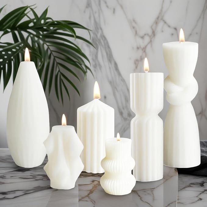 6 Pcs Pillar Candles Modern Aesthetic Ribbed Decorative Candle Set Cute Soy Wax Scented Ribbed Decor for Home (Style1)