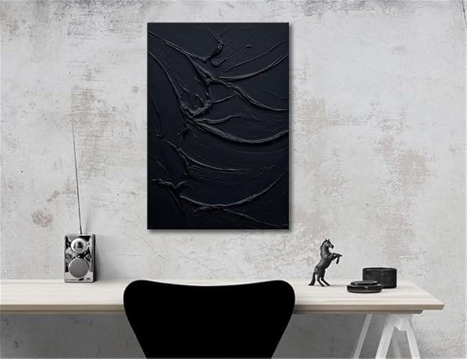 zoinart Hand Painted Thick Texture Black Minimalist Vertical Wall Art 24x36 Inches Black Oil Painting Contemporary Art Oil on Canvas Home Office Corridor Wall Art